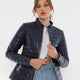 Clara Puffer Navy Blue Leather Jacket Women Jeyka