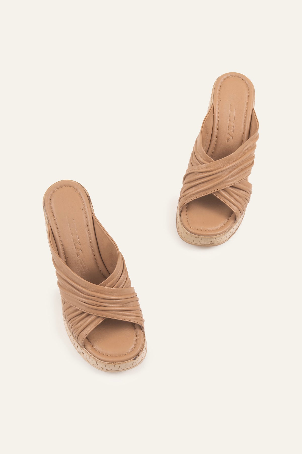Cadiz Genuine Leather Women Cork Heel Mules Taupe - view 4