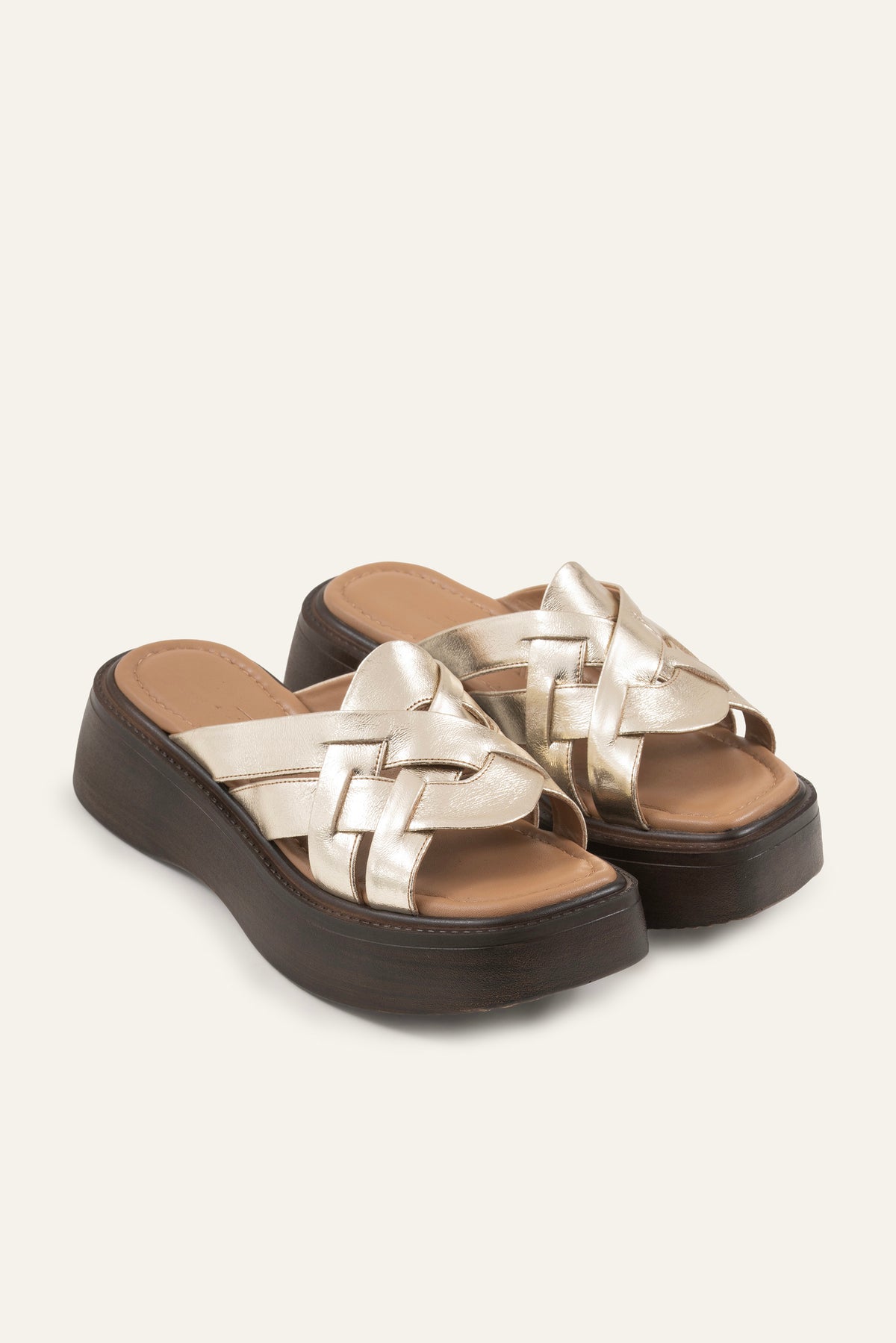 Ischia Genuine Leather Women Platform Slides Gold - view 2