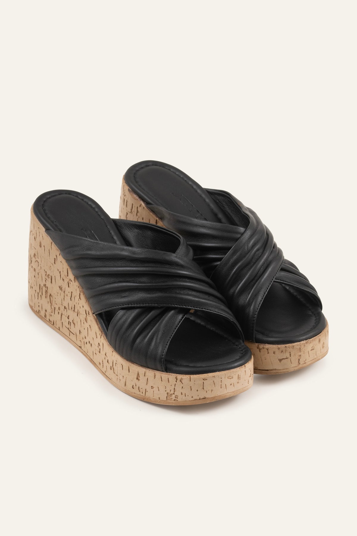 Malaga Genuine Leather Women Cork Wedge Mules Black - view 2