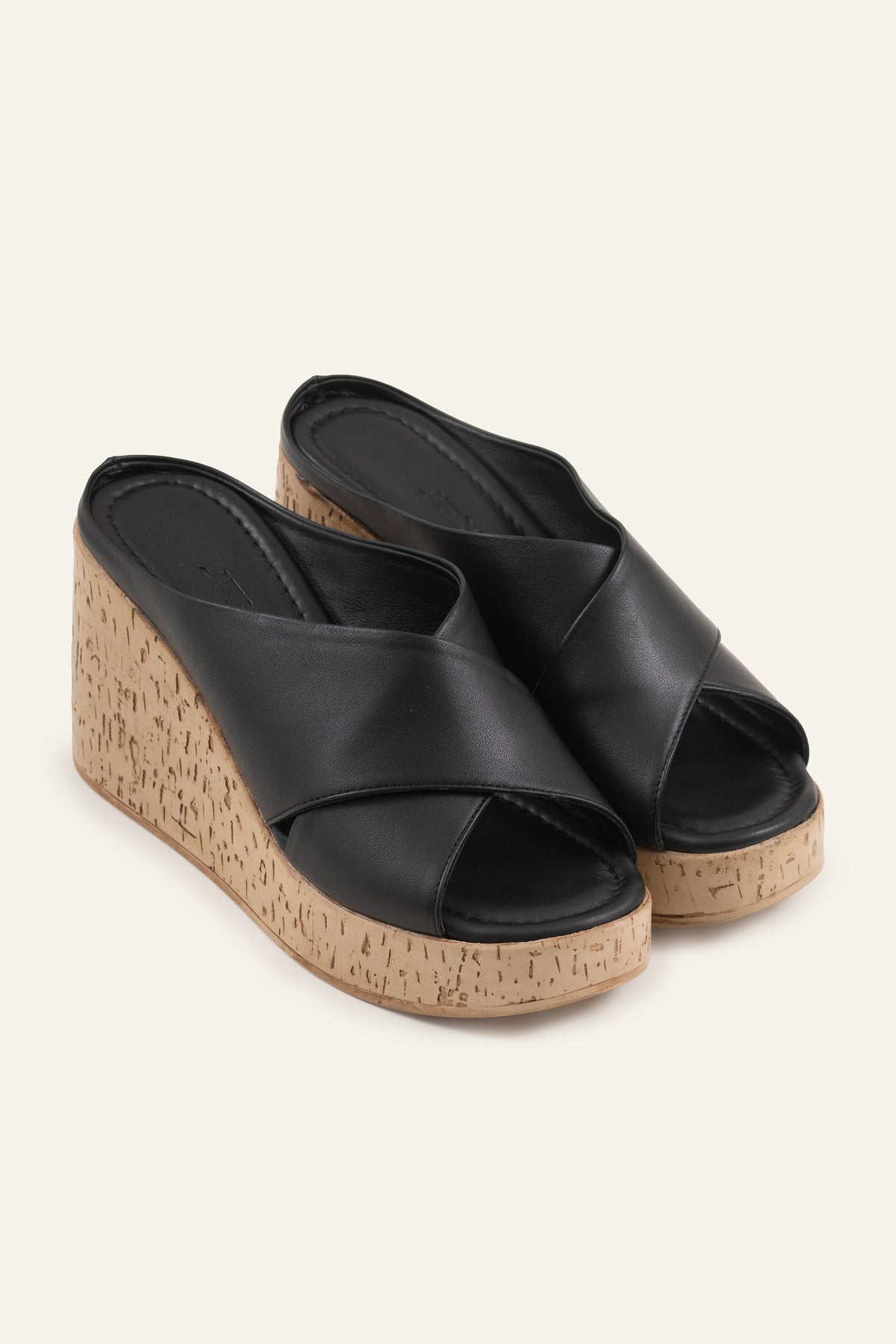 Mallorca Genuine Leather Women Cork Wedge Slides Black - view 3