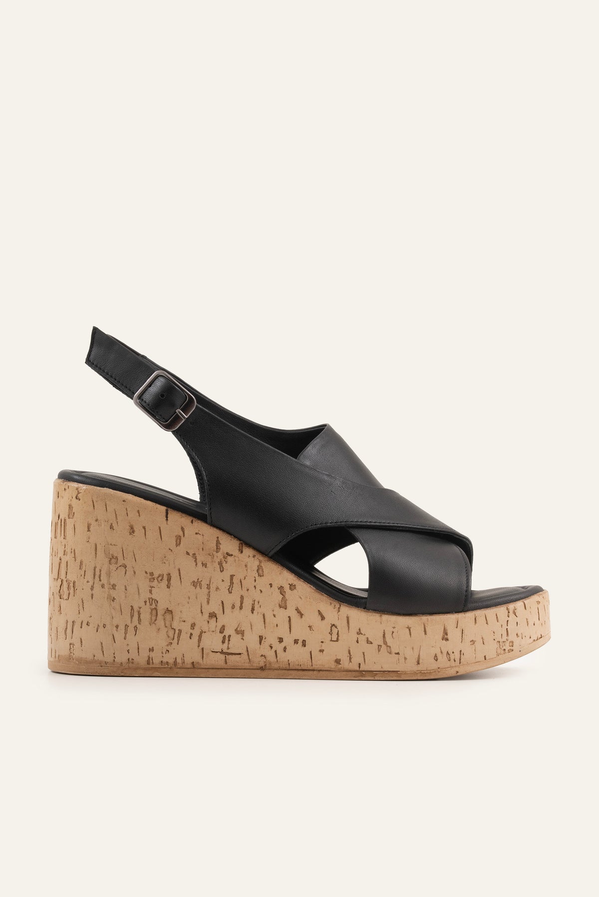 Santorini Genuine Leather Women Cork Wedge Sandals Black - view 1