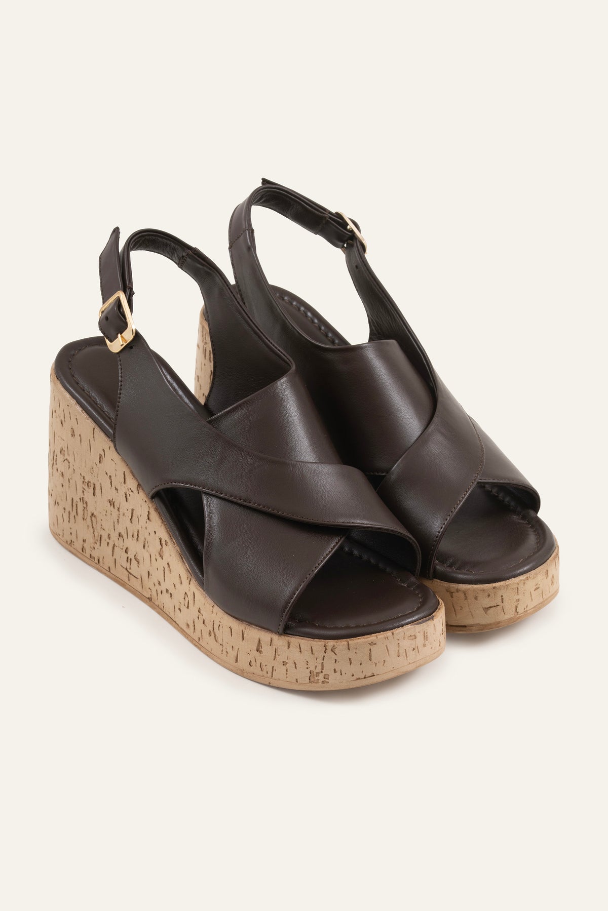 Santorini Genuine Leather Women Cork Wedge Sandals Dark Brown - view 2