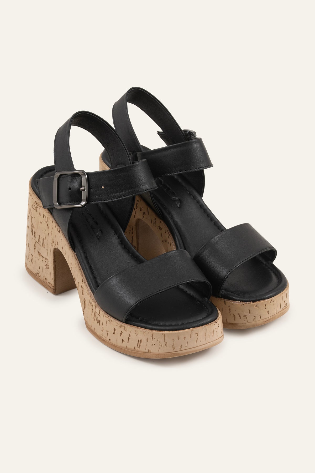 Taormina Genuine Leather Women Cork Heel Sandals Black - view 2
