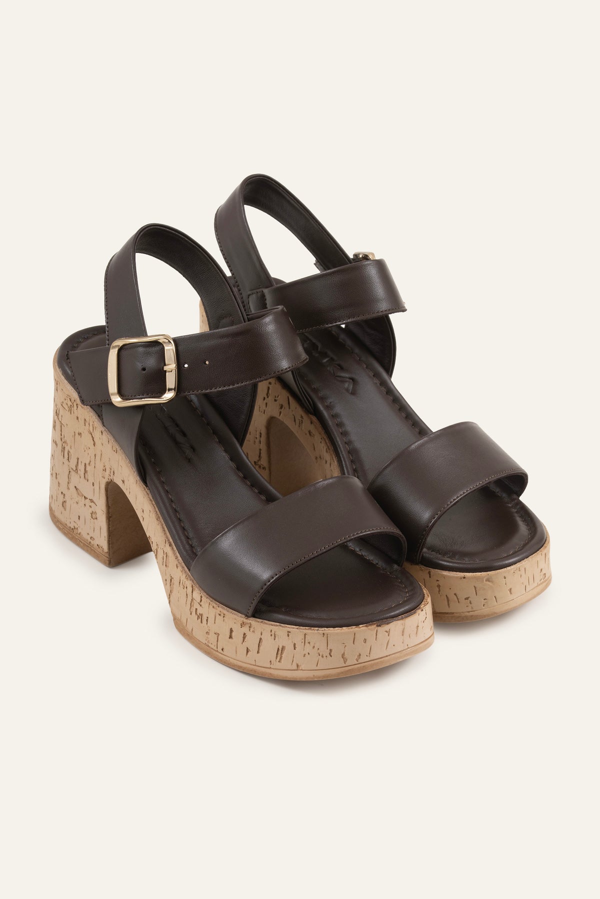 Taormina Genuine Leather Women Cork Heel Sandals Dark Brown - view 2