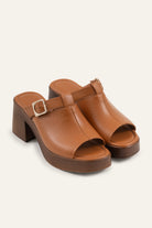 Bodrum Genuine Leather Women Platform Heel Mules Tan - view 2