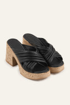 Cadiz Genuine Leather Women Cork Heel Mules Black - view 2