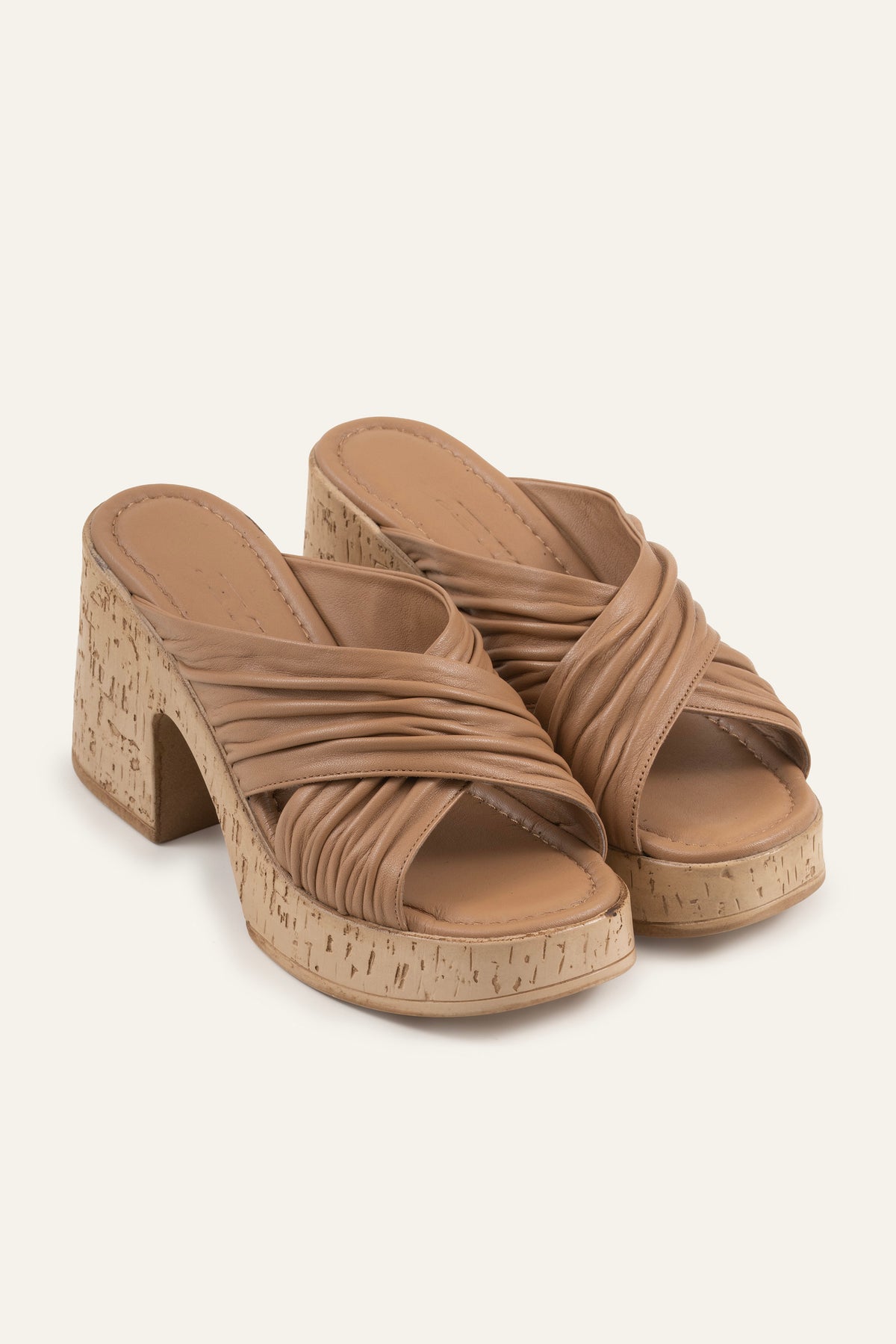 Cadiz Genuine Leather Women Cork Heel Mules Taupe - view 2