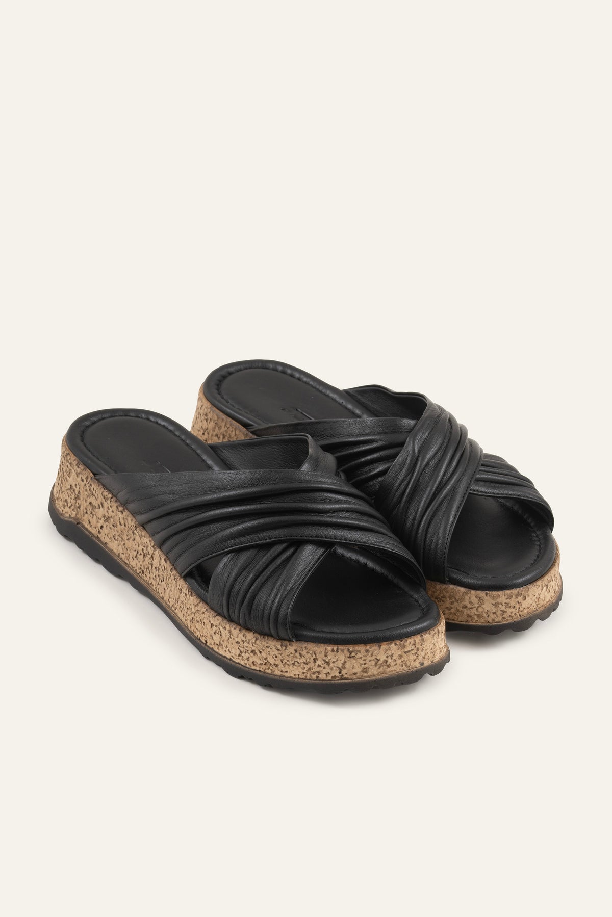 Elba Genuine Leather Women Cork Platform Slides Black - view 2