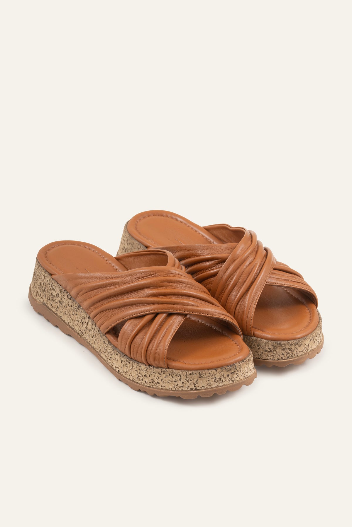 Elba Genuine Leather Women Cork Platform Slides Tan - view 2