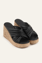 Malaga Genuine Leather Women Cork Wedge Mules Black - view 2