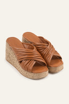 Malaga Genuine Leather Women Cork Wedge Mules Tan - view 2