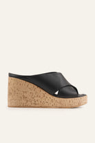 Mallorca Genuine Leather Women Cork Wedge Slides Black - view 1