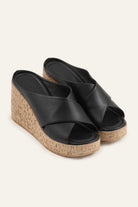 Mallorca Genuine Leather Women Cork Wedge Slides Black - view 3
