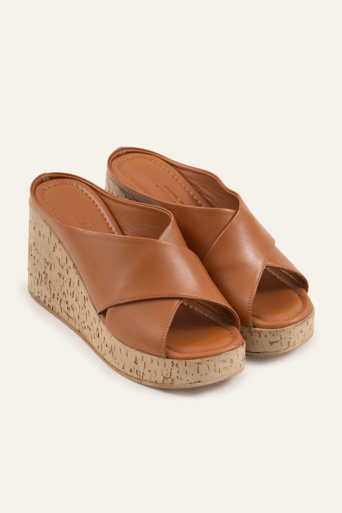 Mallorca Genuine Leather Women Cork Wedge Slides Tan - view 2