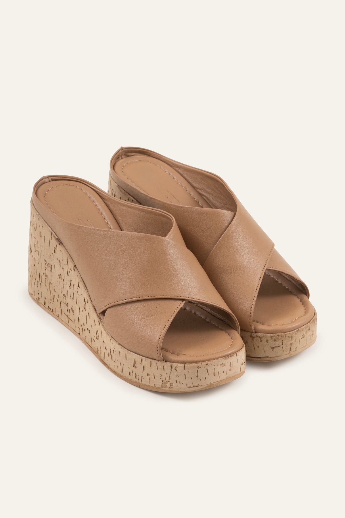 Mallorca Genuine Leather Women Cork Wedge Slides Taupe - view 2