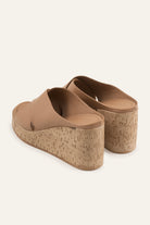 Mallorca Genuine Leather Women Cork Wedge Slides Taupe - view 3
