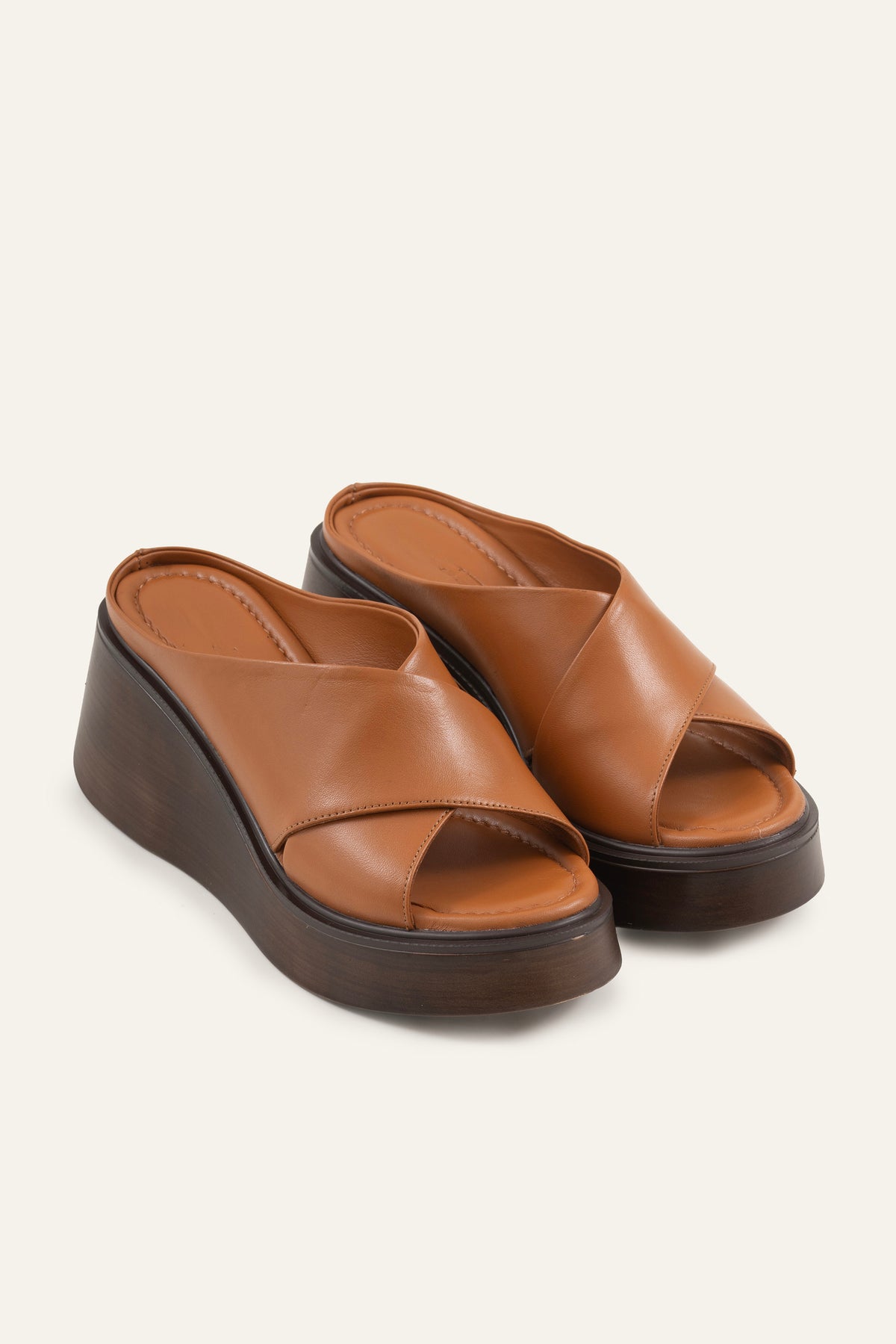 Menton Genuine Leather Women Wedge Slides Tan - view 2