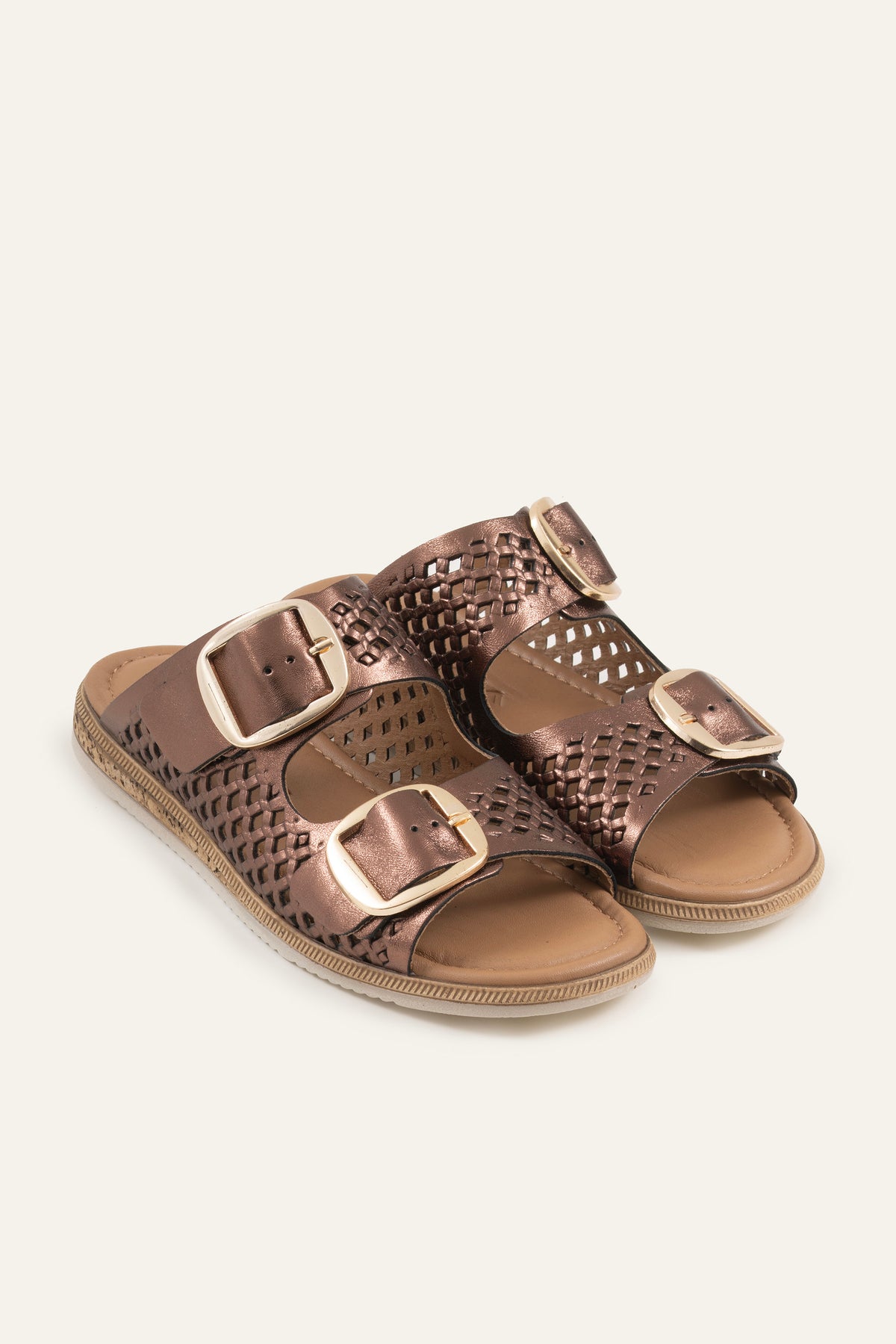 Mykonos Genuine Leather Women Flat Slides Bronze - view 2