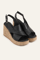 Santorini Genuine Leather Women Cork Wedge Sandals Black - view 2
