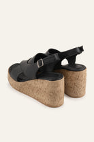Santorini Genuine Leather Women Cork Wedge Sandals Black - view 3