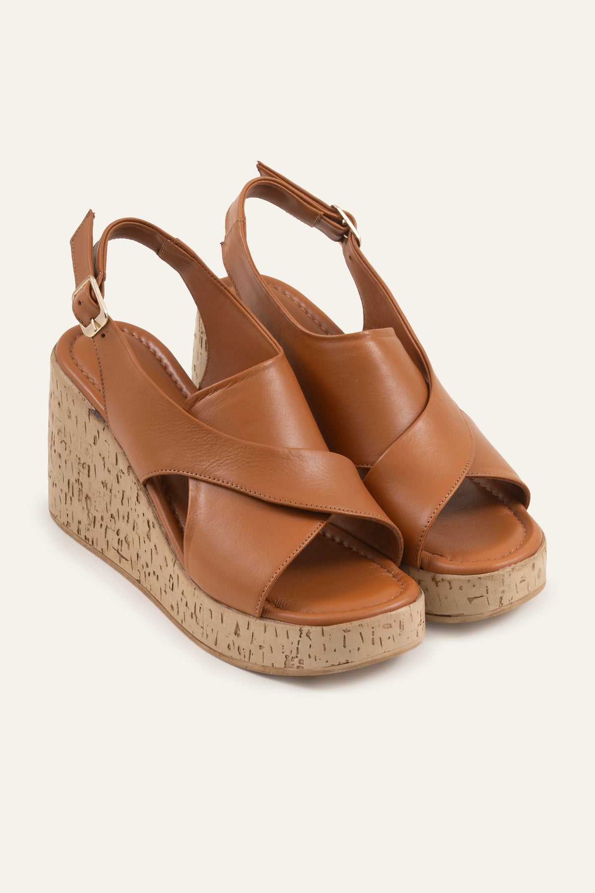 Santorini Genuine Leather Women Cork Wedge Sandals Tan - view 2