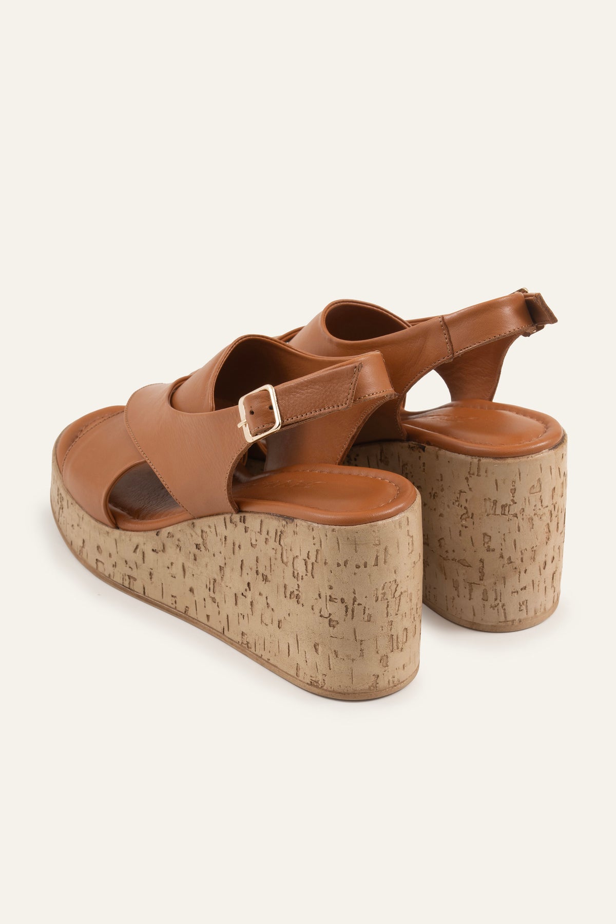 Santorini Genuine Leather Women Cork Wedge Sandals Tan - view 3
