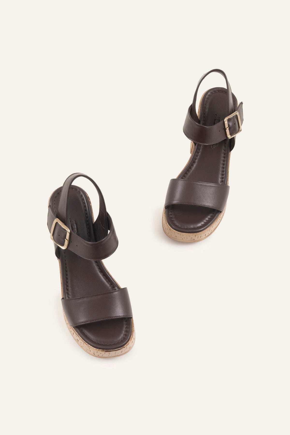 Taormina Genuine Leather Women Cork Heel Sandals Dark Brown - view 4