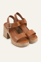 Taormina Genuine Leather Women Cork Heel Sandals Tan - view 2