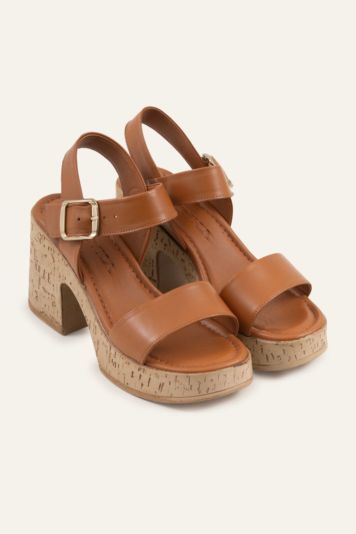 Taormina Genuine Leather Women Cork Heel Sandals Tan - view 2
